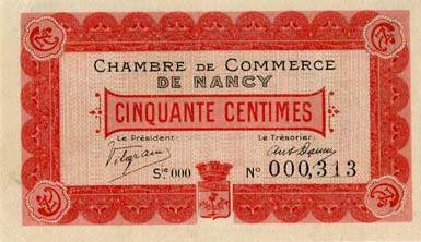 Billet de la Chambre de Commerce de Nancy - 50 centimes - 1er janvier 1916 - s�rie OOO