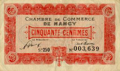 Billet de la Chambre de Commerce de Nancy - 50 centimes - 1er janvier 1921 - filigrane Abeilles - s�rie 25O