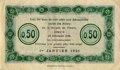 Billet de la Chambre de Commerce de Nancy - 50 centimes - 1er janvier 1921 - filigrane Abeilles - série 25O