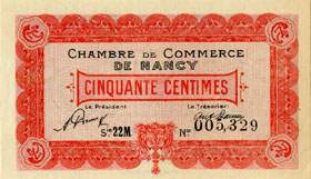Billet de la Chambre de Commerce de Nancy - 50 centimes - 1er mai 1920 - s�rie 22M - num�ro 005,329