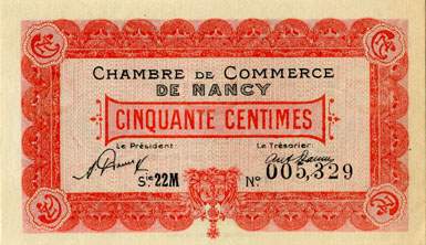 Billet de la Chambre de Commerce de Nancy - 50 centimes - 1er mai 1920 - s�rie 22M - num�ro 005,329