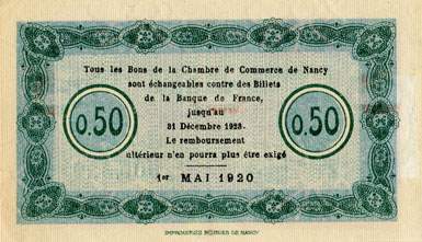 Billet de la Chambre de Commerce de Nancy - 50 centimes - 1er mai 1920 - s�rie 22M - num�ro 005,329