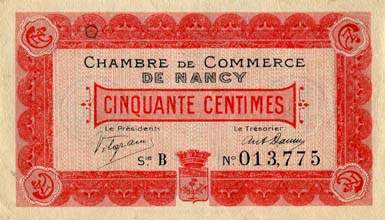 Billet de la Chambre de Commerce de Nancy - 50 centimes - 9 septembre 1915 - s�rie B