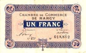Billet de la Chambre de Commerce de Nancy - 1 franc - 1er janvier 1921 - sans filigrane - s�rie 27P