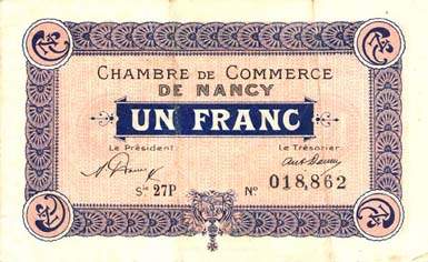 Billet de la Chambre de Commerce de Nancy - 1 franc - 1er janvier 1921 - sans filigrane - s�rie 27P