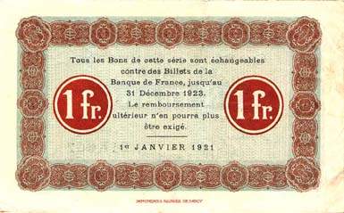 Billet de la Chambre de Commerce de Nancy - 1 franc - 1er janvier 1921 - sans filigrane - s�rie 27P