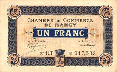 Billet de la Chambre de Commerce de Nancy - 1 franc - 1er septembre 1918