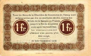 Billet de la Chambre de Commerce de Nancy - 1 franc - 1er septembre 1918