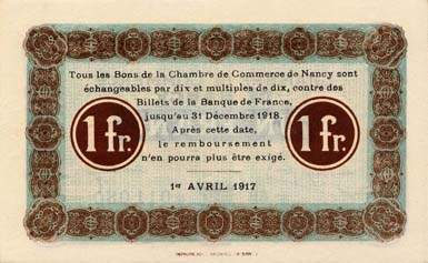 Billet de la Chambre de Commerce de Nancy - 1 franc - 1er avril 1917