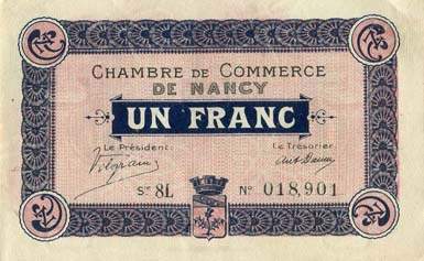 Billet de la Chambre de Commerce de Nancy - 1 franc - 1er d�cembre 1917