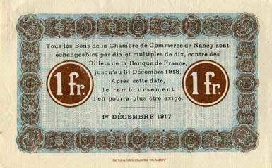 Billet de la Chambre de Commerce de Nancy - 1 franc - 1er d�cembre 1917