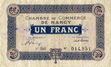 Billet de la Chambre de Commerce de Nancy - 1 franc - 1er janvier 1921 - filigrane Abeilles - s�rie 24S