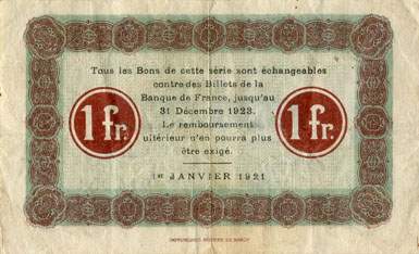 Billet de la Chambre de Commerce de Nancy - 1 franc - 1er janvier 1921 - filigrane Abeilles - série 24S