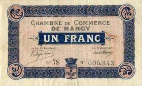 Billet de la Chambre de Commerce de Nancy - 1 franc - 1er septembre 1917