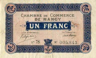 Billet de la Chambre de Commerce de Nancy - 1 franc - 1er septembre 1917