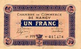 Billet de la Chambre de Commerce de Nancy - 1 franc - 7 d�cembre 1915 - vari�t� � 3 lettres de s�rie