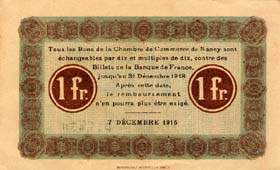 Billet de la Chambre de Commerce de Nancy - 1 franc - 7 d�cembre 1915 - vari�t� � 3 lettres de s�rie