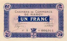 Billet de la Chambre de Commerce de Nancy - 1 franc - 9 septembre 1915