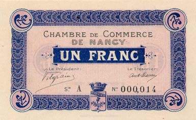 Billet de la Chambre de Commerce de Nancy - 1 franc - 9 septembre 1915