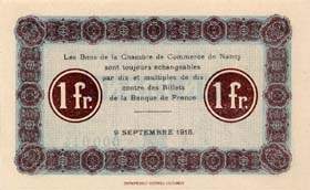 Billet de la Chambre de Commerce de Nancy - 1 franc - 9 septembre 1915