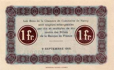Billet de la Chambre de Commerce de Nancy - 1 franc - 9 septembre 1915