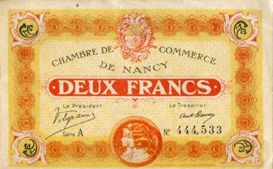 Billet de la Chambre de Commerce de Nancy - 2 francs - 11 novembre 1918 - s�rie A - n� 444,533