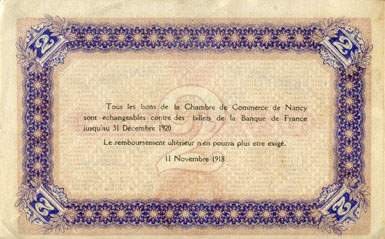 Billet de la Chambre de Commerce de Nancy - 2 francs - 11 novembre 1918 - série A - n° 444,533