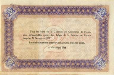 Billet de la Chambre de Commerce de Nancy - 2 francs - 11 novembre 1918 - s�rie B - n� 177,024