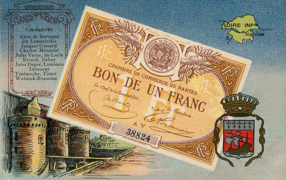 Carte postale représentant un billet de 1 franc série A V n° 38824 de la Chambre de Commerce de Nantes