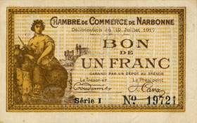 Billet de la Chambre de Commerce de Narbonne - 1 franc - d�lib�ration du 12 juillet 1917 - s�rie I