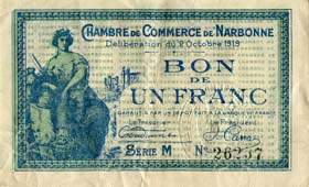 Billet de la Chambre de Commerce de Narbonne - 1 franc - d�lib�ration du 2 octobre 1919 - s�rie M