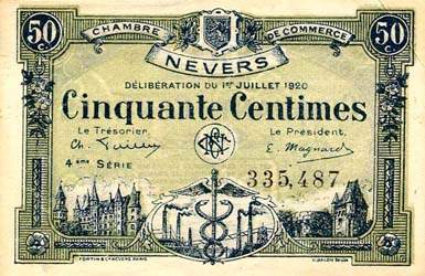 Billet de la Chambre de Commerce de Nevers - 50 centimes - délibération du 1er juillet 1920