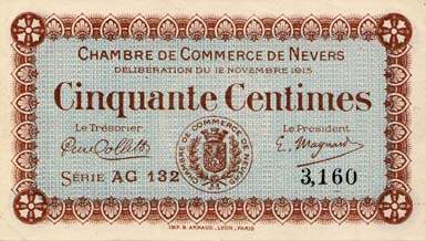 Billet de la Chambre de Commerce de Nevers - 50 centimes - d�lib�ration du 12 novembre 1915