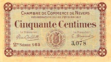 Billet de la Chambre de Commerce de Nevers - 50 centimes - d�lib�ration du 22 f�vrier 1917 - 2�me s�rie 163 - n� 3,078