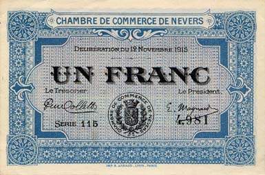 Billet de la Chambre de Commerce de Nevers - 1 franc - d�lib�ration du 12 novembre 1915