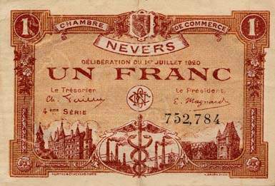 Billet de la Chambre de Commerce de Nevers - 1 franc - d�lib�ration du 1er juillet 1920