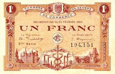 Billet de la Chambre de Commerce de Nevers - 1 franc - délibération du 22 février 1920