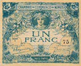 Billet de la Chambre de Commerce de N�mes - 1 franc - d�lib�ration du 4 juin 1915 - 1915-1920 - num�ro en bleu