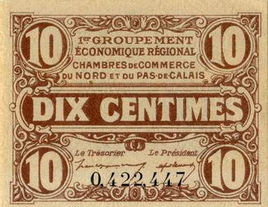 Billet des Chambres de Commerce du Nord et du Pas-de-Calais - 10 centimes - Echangeables jusqu'au 31 d�cembre 1925 - n� 0,422,447