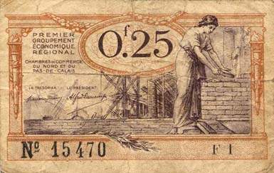 Billet des Chambres de Commerce du Nord et du Pas-de-Calais - 25 centimes - Echangeables jusqu'au 31 d�cembre 1925 - s�rie en lettre et chiffre - F 1