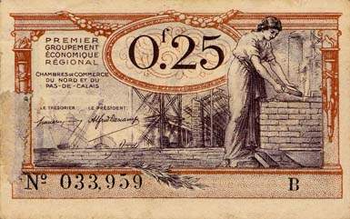 Billet des Chambres de Commerce du Nord et du Pas-de-Calais - 25 centimes - Echangeables jusqu'au 31 d�cembre 1925 - s�rie en lettre seulement - s�rie B