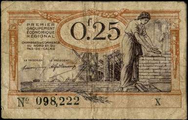 Billet des Chambres de Commerce du Nord et du Pas-de-Calais - 25 centimes - Echangeables jusqu'au 31 d�cembre 1925 - s�rie en lettre seulement - s�rie X