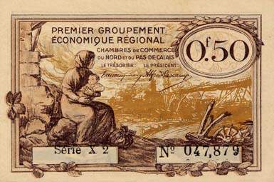 Billet des Chambres de Commerce du Nord et du Pas-de-Calais - 50 centimes - Echangeables jusqu'au 31 d�cembre 1925 - s�rie avec lettre et chiffre - X 2