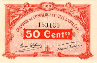 Billet de la Chambre de Commerce et Ville d'Orléans - 50 centimes - 2 août 1915