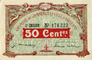 Billet de la Chambre de Commerce et Ville d'Orl�ans - 50 centimes - 2 ao�t 1917 - 3�me �mission - num�ro 176222