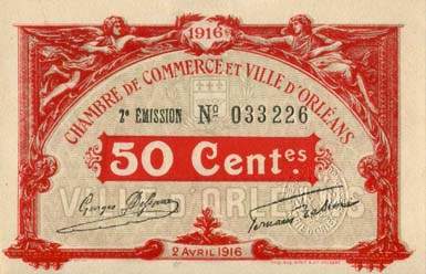 Billet de la Chambre de Commerce et Ville d'Orléans - 50 centimes - 2 avril 1916 - 2ème émission