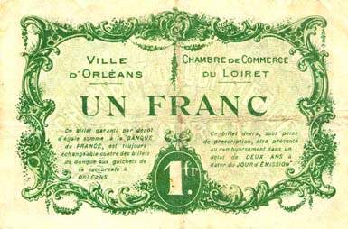 Billet de la Chambre de Commerce et Ville d'Orl�ans - 1 franc - 2 ao�t 1915