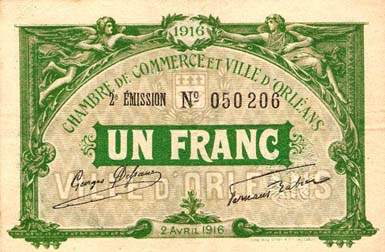 Billet de la Chambre de Commerce et Ville d'Orléans - 1 franc - 2 avril 1916 - 2ème émission