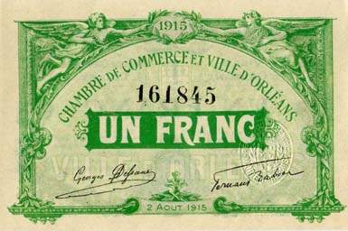 Billet de la Chambre de Commerce et Ville d'Orléans - 1 franc - 2 août 1915 - n°161945