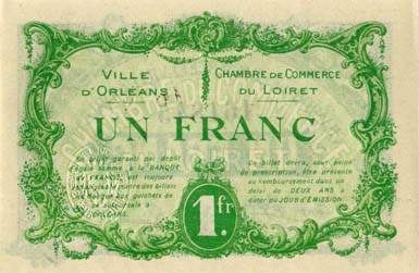 Billet de la Chambre de Commerce et Ville d'Orl�ans - 1 franc - 2 ao�t 1915 - n�161945